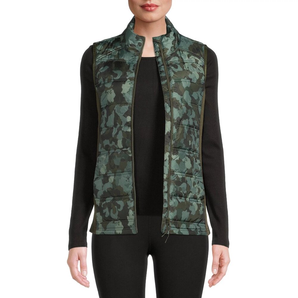 Avia Quilted Zip-Front Vest Size XS Soft Stretchy Lightweight Pockets Green Camo